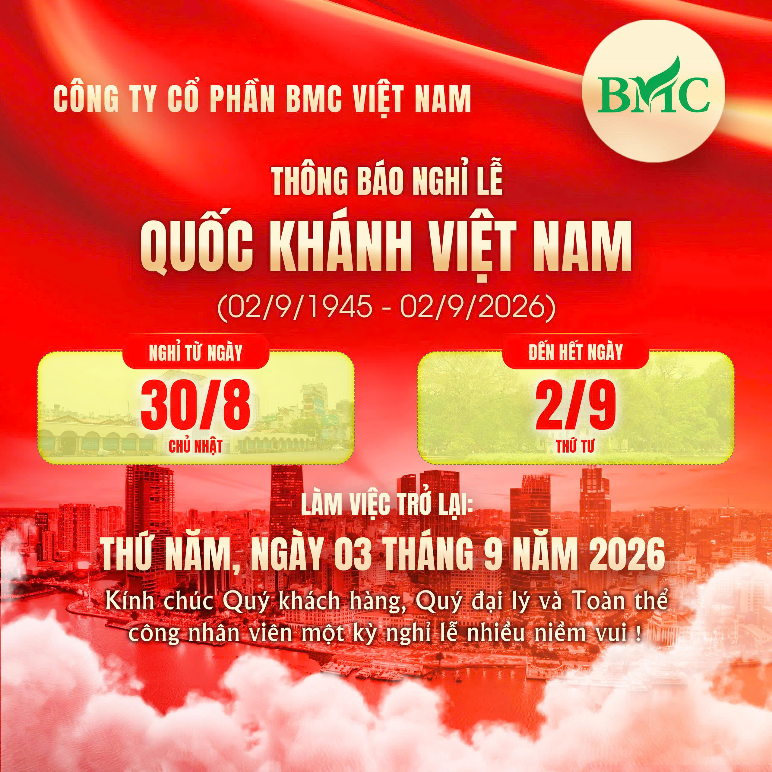 THÔNG BÁO NGHỈ LỄ QUỐC KHÁNH 02/09/2026