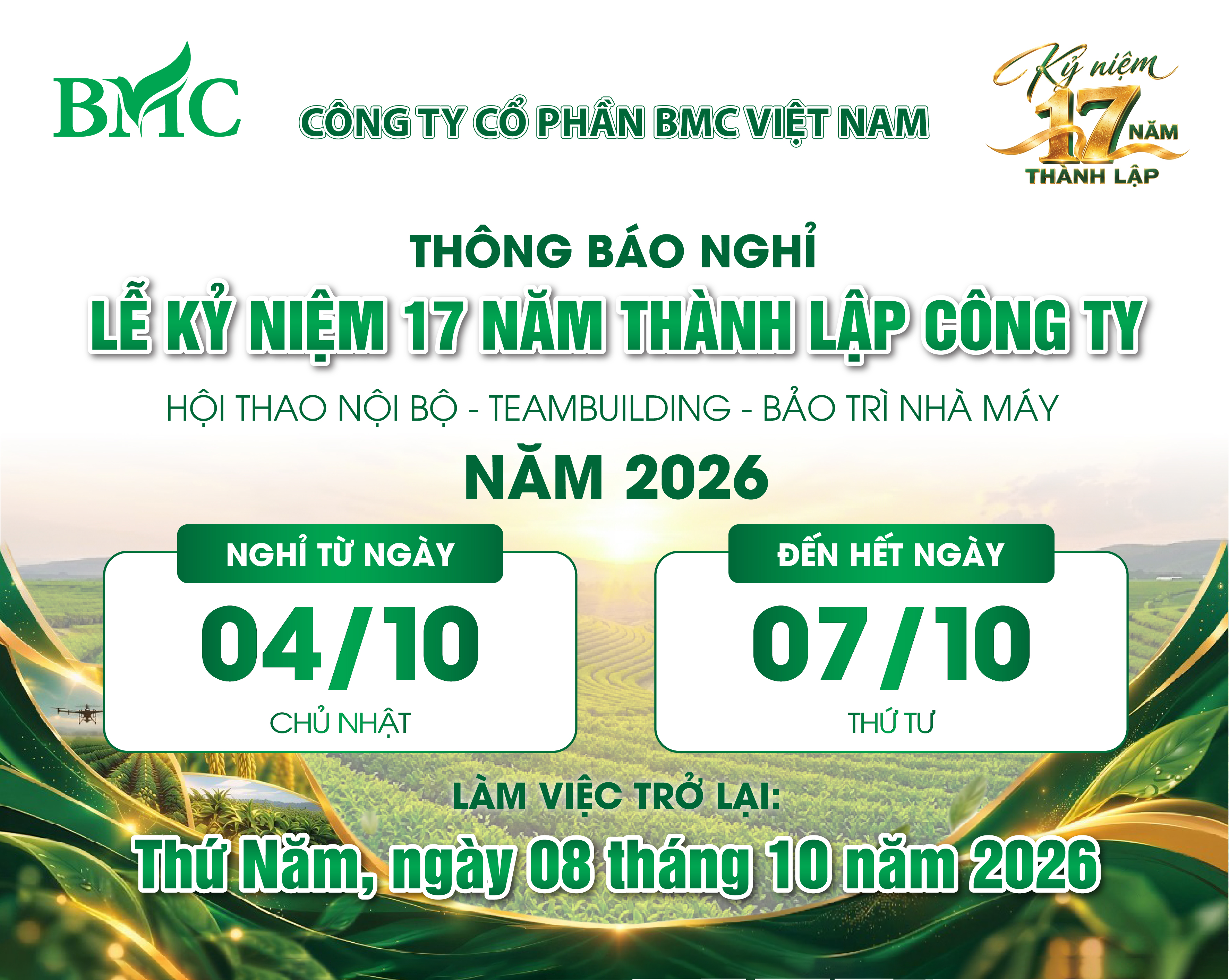 THÔNG BÁO LỊCH NGHỈ LỄ KỈ NIỆM 17 NĂM THÀNH LẬP CÔNG TY